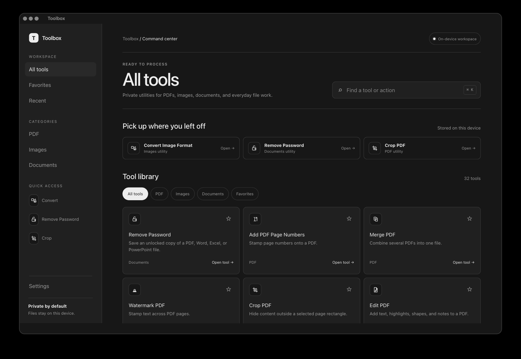 Toolbox home workspace showing the command center and tool library