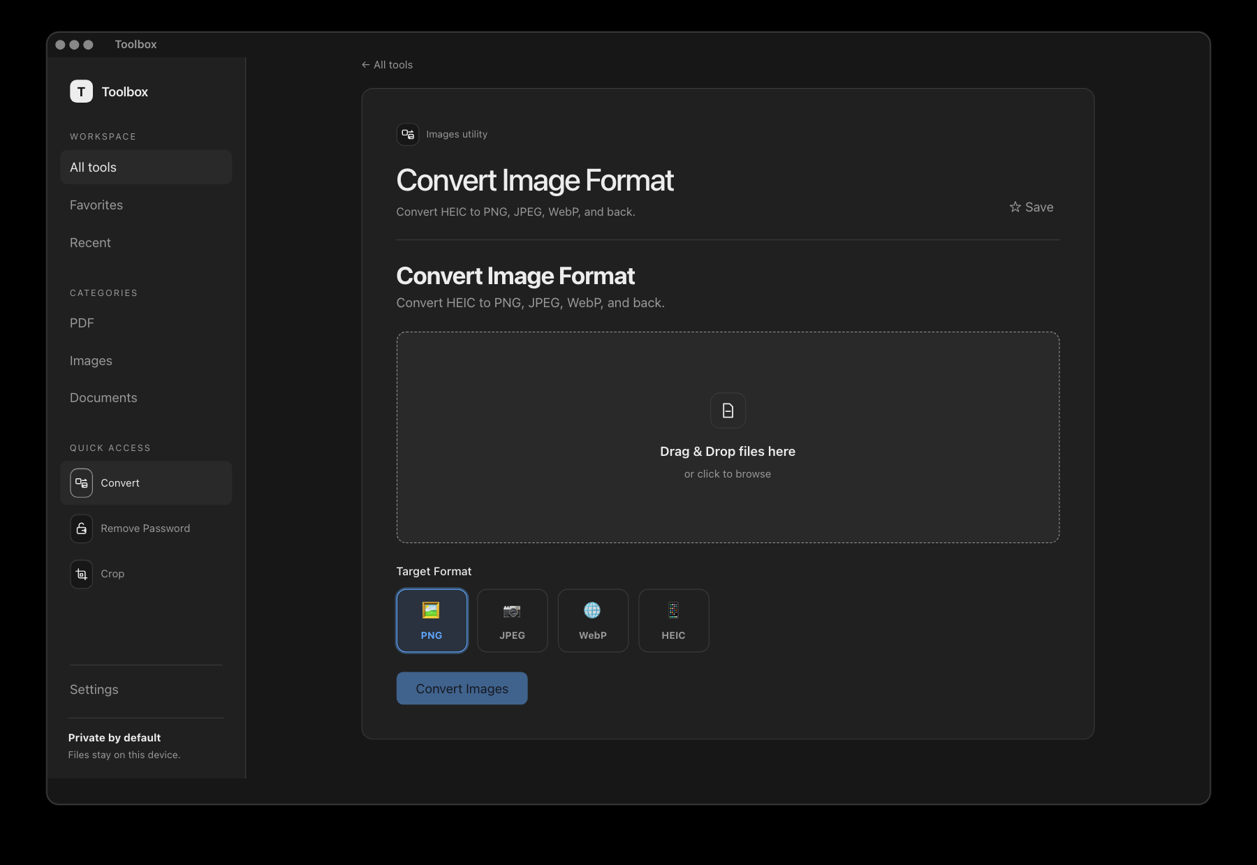 Toolbox Convert Image Format screen with PNG, JPEG, WebP, and HEIC choices