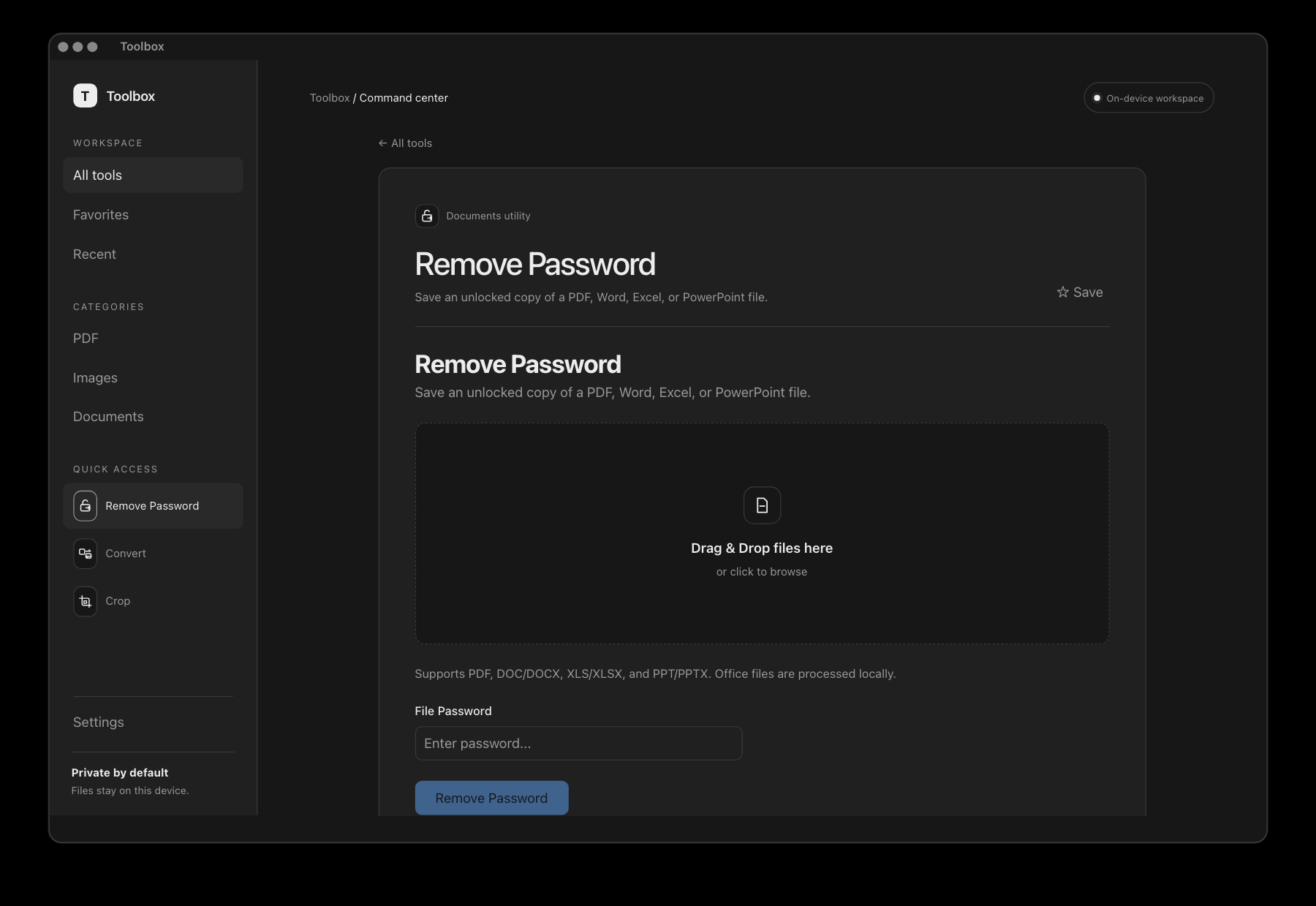 Toolbox Remove Password screen with a document drop area and password field
