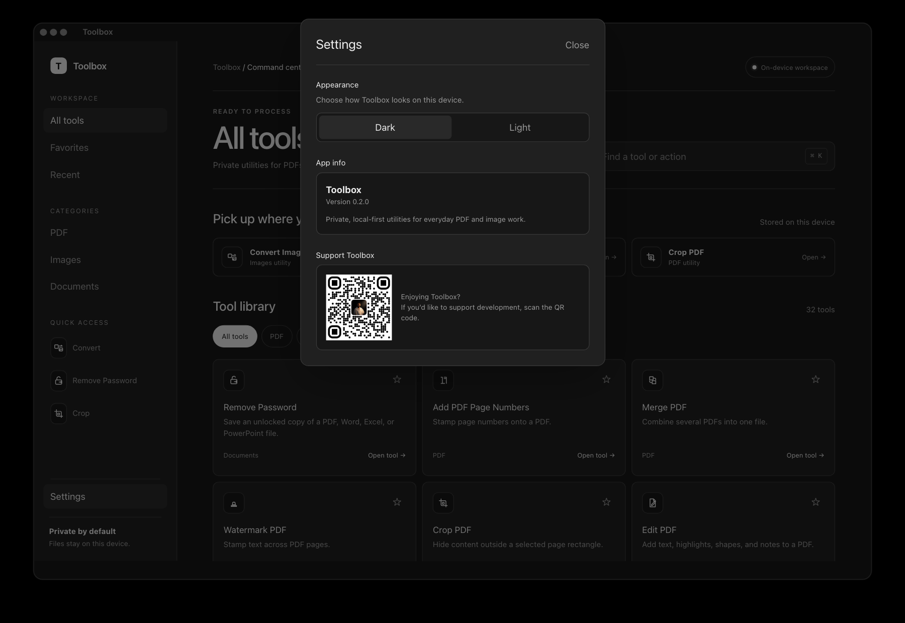 Toolbox settings panel showing theme controls, version 1.0.0, and support QR code